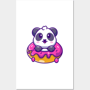 Cute baby panda with doughnut cartoon Posters and Art